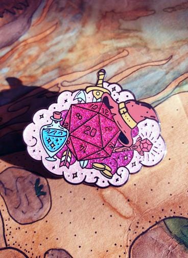 glitter d20 dice & gear enamel pin