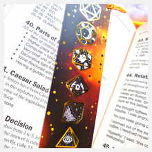 Load image into Gallery viewer, gold foiled mystical dice bookmark with tassel