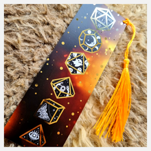 Load image into Gallery viewer, gold foiled mystical dice bookmark with tassel
