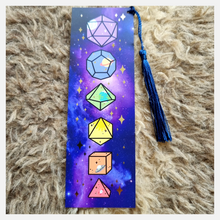 Load image into Gallery viewer, gold foiled galaxy dice bookmark with tassel