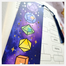 Load image into Gallery viewer, gold foiled galaxy dice bookmark with tassel