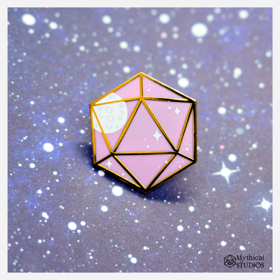 mystic moon d20, galaxy pin