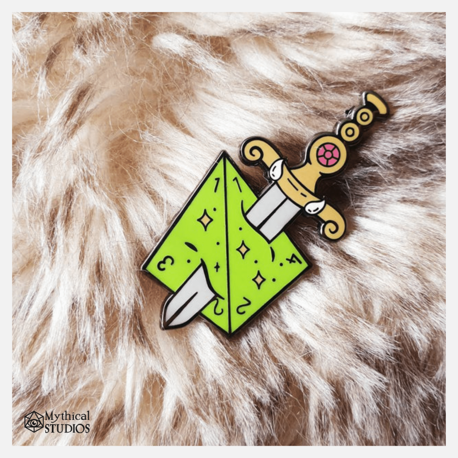 d4 dice & sword weapon pin