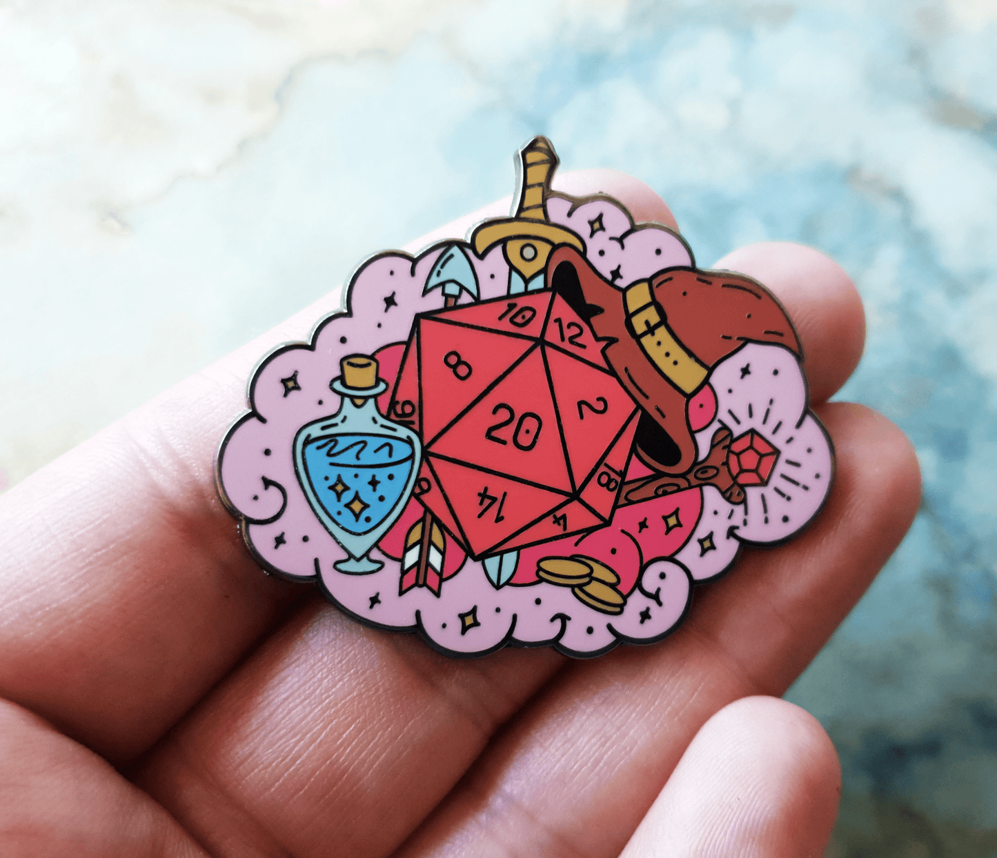 d20 equipment enamel pin