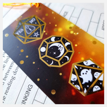 Load image into Gallery viewer, gold foiled mystical dice bookmark with tassel

