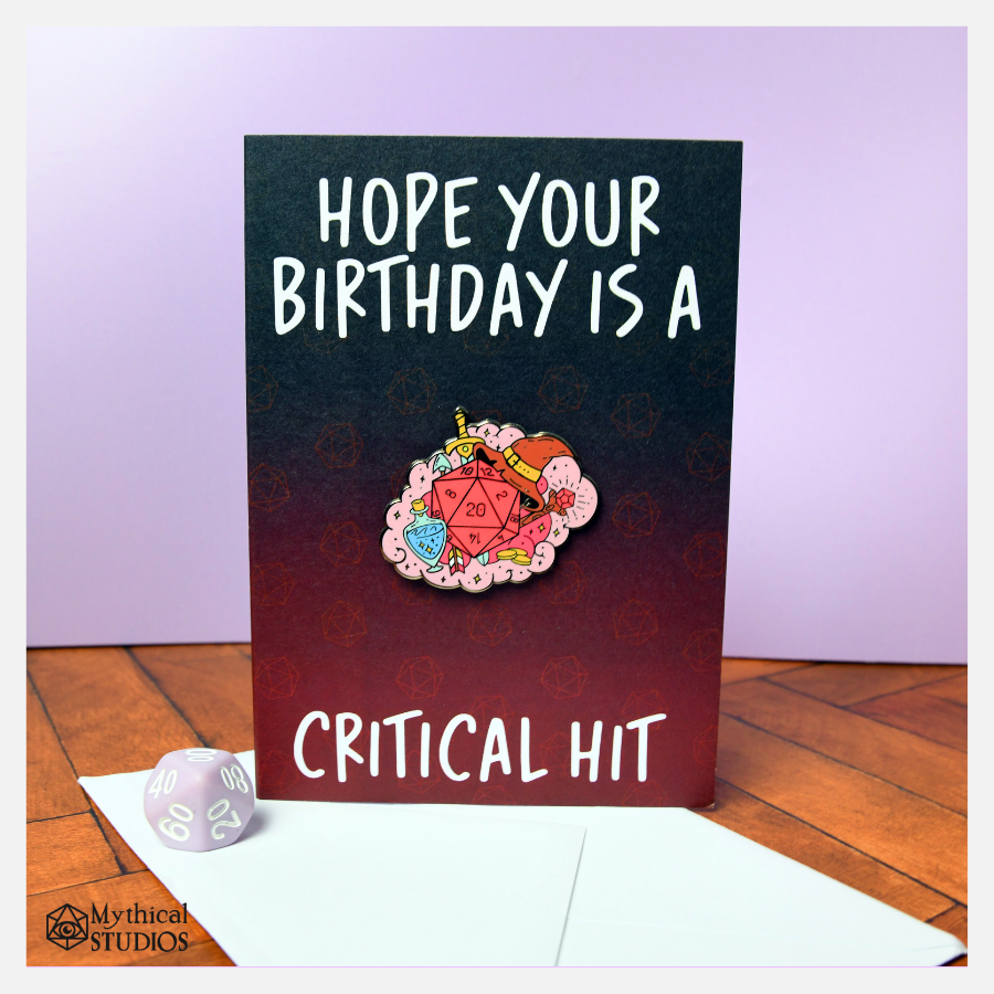 critical hit enamel pin birthday card