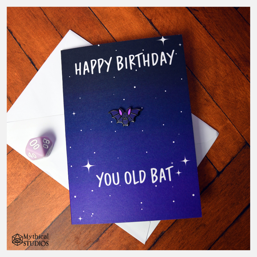 old bat enamel pin birthday card