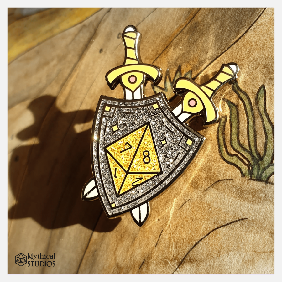 ⋆glitter⋆ shield & sword d8 dice pin